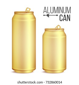 3d Cans Set Vector. Gold, Yellow Can. Beer, Lager, Alcohol, Soft Drink, Soda. 500 And 300 ml. Isolated On White Background Illustration