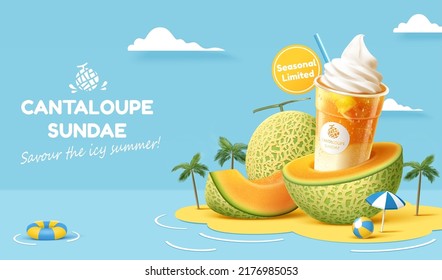 3d cantaloupe sundae ad template in cute paper cut design. Plastic takeout cup displayed on fresh melon fruit with summer island decorations.