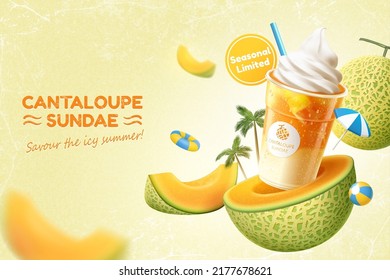 3d cantaloupe sundae ad template. Plastic takeout cup flying in the mid air with fresh cut melons and beach toys.