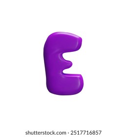 3D capital letter E made of clay or plasticine. Soft shape, rounded edges and slightly uneven texture. Bright purple color. Realistic design. Cartoon style. Vector illustration on white background.