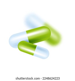 3D capsule medicine icon, realistic tablet closeup vector pharmacy antibiotic pill on white. Vitamin health drug pharmaceutical illness treatment painkiller clipart. 3D capsule medication illustration