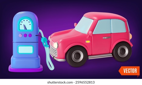 3d Car Hatchback Model and Petrol Station Cartoon Design Style. Vector illustration of New Technology Hybrid Auto