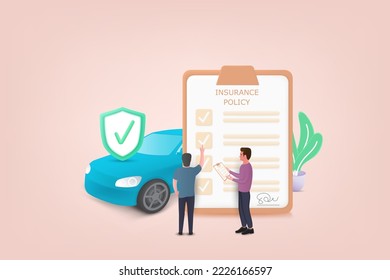 3d car insurance concept. 3d icon car, insurance document, and shield with a checkmark. Car safety. 3d car insurance vector illustration.