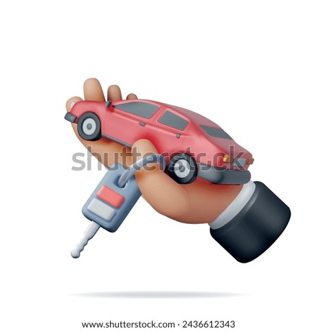 3D Car and Keys with Alarm in Hand. Render Realistic Car. Classic Sedan Motor Vehicle. Plastic Toy Auto. Advertising For Driving School Carsharing and Repair Service. Cartoon Vector Illustration