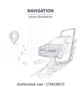 3d car leaving from the smartphone. GPS navigation, location app or travelling concept isolated in white. Low poly car, phone and navigator pin. Abstract vector sketch wireframe of smart technology
