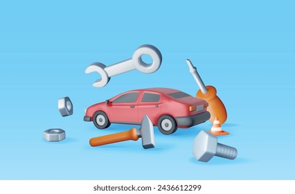 3D Car Repair Concept Isolated. Render Car with Mechanic Fix Tools Icons. Emergency Roadside Assistance. Vehicle Diagnosis and Wheel Change. Automobile Workshop. Realistic Vector Illustration