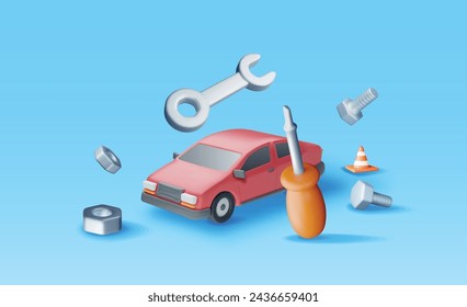 3D Car Repair Concept Isolated. Render Car with Mechanic Fix Tools Icons. Emergency Roadside Assistance. Vehicle Diagnosis and Wheel Change. Automobile Workshop. Realistic Vector Illustration