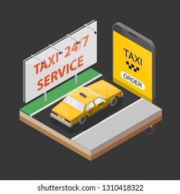 3D car route navigation smartphone, phone yellow taxi 24/7 service vector drawing schema isometric GPS navigation tablet, destination arrow isometry phone banner. Route isometric taxi car check pin