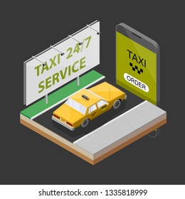 Teléfono inteligente de navegación de ruta de camión 3D, taxi amarillo teléfono 24/7 esquema de dibujo vector de servicio tableta isométrica de navegación GPS, bandera de teléfono isométrica de flecha de destino. Pasador de control del camión isométrico de la ruta