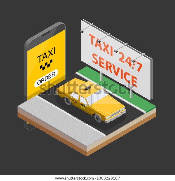 3D car route navigation smartphone, phone yellow taxi\
24/7 service vector drawing schema isometric GPS navigation tablet,\
destination arrow isometry phone banner. Route isometric taxi car\
check pin