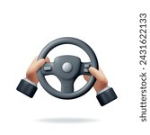 3D Car Steering Wheel in Hands Isolated. Render Black Automobile Steering Wheel with Vehicle Horn and Buttons. Control Drive and Turn. Game Console in Shape of Steering Wheel. Vector Illustration