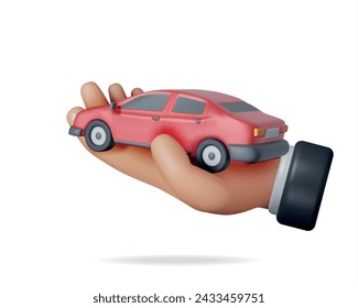 3D Car Vintage Model in Hand. Render Bright Realistic Car. Classic Sedan Motor Vehicle. Plastic Toy Auto. Advertising For Driving School Carsharing and Repair Service. Cartoon Vector Illustration