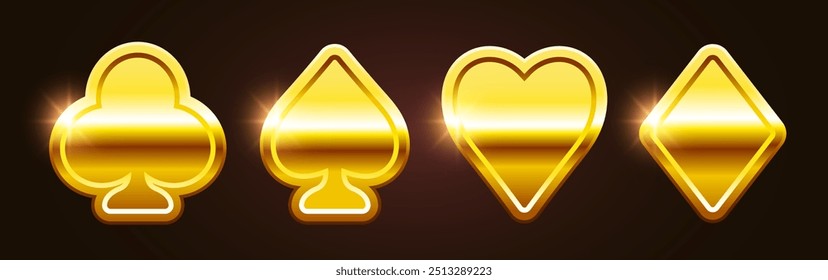 3d Card suit. Golden suit badge. Vector suits isolated on white background.