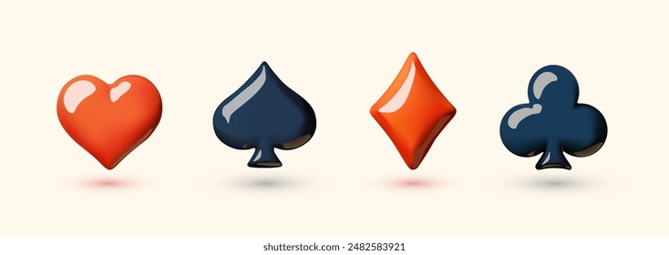 3D card suits. Hearts, diamonds, crosses and spades. Gambling design.