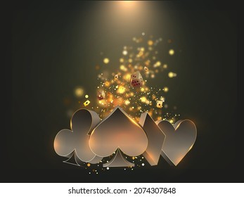 3D Card Suits Symbol With Dices And Golden Particles On Black Background.