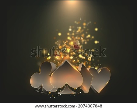 3D Card Suits Symbol With Dices And Golden Particles On Black Background.