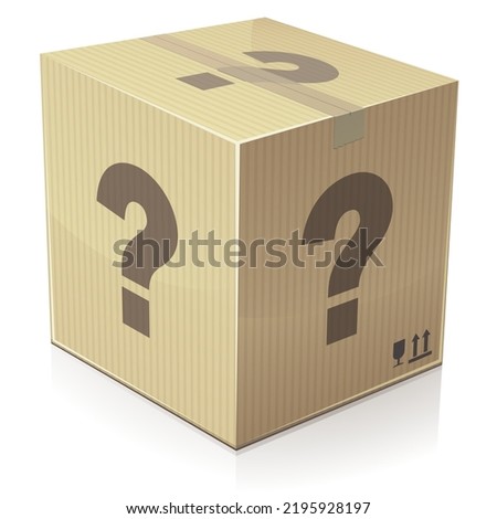 3D cardboard box closed with tape on which a question mark is printed on all sides on a white background