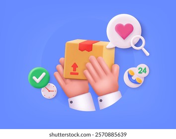 3D cardboard box and confirmed order with tick. Confirmed order delivery concept. Fast Delivery Concept. Fast delivery logo template. 3D Web Vector Illustrations.