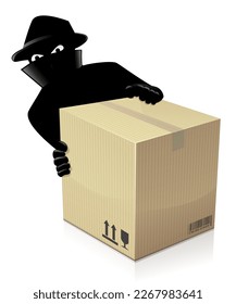 3D cardboard box delivery with in the background a masked criminal is getting his hands on it and stealing it
