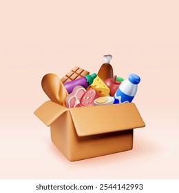 Caja de cartón 3D con la comida aislada. Render paquete de cartón lleno de comestibles. Donación de alimentos o concepto de banco de alimentos. Frutas, leche, verduras y productos cárnicos. Ilustración vectorial