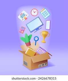 3D Cardboard Box Full of Office Stuff. Render Concept of Moving to New Office. File Folder, Document Paper, Certificate, Calculator, Calendar, Clock, Trophy, Computer and Plant. Vector illustration