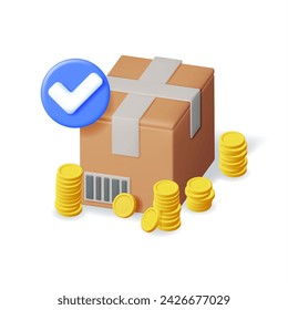 3D Cardboard Box with Gold Coins and Checkmark Isolated. Sealed Carton Package with OK Check Mark and Money. Cardboard Parcel Icon. Cargo, Delivery and Transportation. Vector Illustration