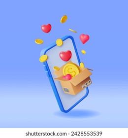 3D Cardboard Box with Gold Coins and Hearts in Phone. Smartphone and Carton Package with Cash Money. Donate Money, Charity, Save Money Concept. Donation via Mobile Phone. Vector Illustration