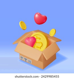 3D Cardboard Box with Gold Coins and Hearts Inside. Open Carton Package with Cash Money. Donate Money, Charity, Save Money Concept. Cargo, Delivery and Transportation. Vector Illustration