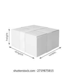 Caja de cartón 3D con maqueta de Vector de dimensiones de alto, largo y ancho. Paquete de cartón blanco realista cerrado con cinta adhesiva. Tamaño de la carga de la entrega. Paquete de paquete de vista isométrica. Productos de los paquetes del envío