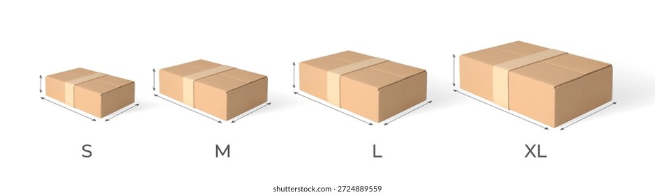 Caja de cartón 3D con maqueta de Vector de dimensiones de alto, largo y ancho. Paquete de cartón marrón realista cerrado con cinta adhesiva. Entrega de carga S, M, l, talla XL. Paquete de paquete de vista isométrica. Paquetes de envío