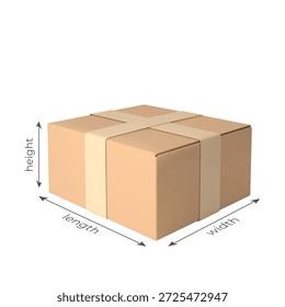 Caja de cartón 3D con maqueta de Vector de dimensiones de alto, largo y ancho. Paquete de cartón marrón realista cerrado con cinta adhesiva. Tamaño de la carga de la entrega. Paquete de paquete de vista isométrica. Productos de los paquetes del envío
