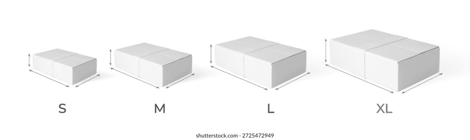 Caja de cartón 3D con maqueta de Vector de dimensiones de alto, largo y ancho. Paquete de cartón blanco realista cerrado con cinta adhesiva. Entrega de carga S, M, l, talla XL. Paquete de paquete de vista isométrica. Paquetes de envío