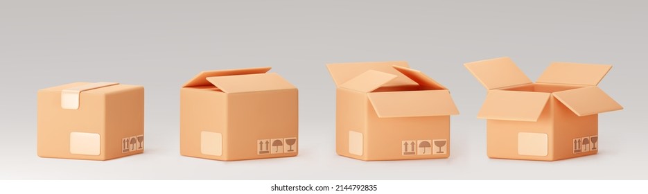 3d cardboard box icon set standing front view isolated on gray background. Render delivery cargo box with fragile care sign symbol, handling with care, protection from water rain. 3d realistic vector - Shutterstock ID 2144792835