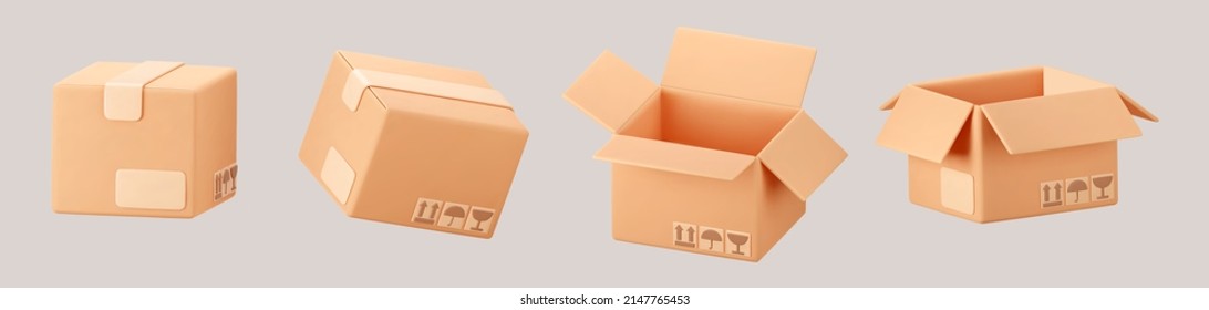 3D cardboard box icon set with symbols isolated on gray background. Render delivery cargo box with fragile care sign symbol, handling with care, protection from water rain. 3d realistic vector