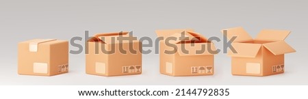 3d cardboard box icon set standing front view isolated on gray background. Render delivery cargo box with fragile care sign symbol, handling with care, protection from water rain. 3d realistic vector