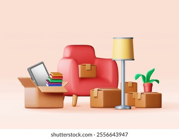 3D cardboard box pile with home goods isolated. Render furniture armchair, plant in pot, lamp and table. Delivery, relocation service. Move, transportation and logistics concept. Vector illustration