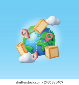 3D Cardboard Boxes Flying Around The World Isolated. Render Cardboard Package with Cover. Express Worldwide Delivery. Carton Delivery Packaging. Transportation and Logistics. Vector Illustration