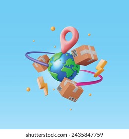 3D Cardboard Boxes Flying Around The World Isolated. Render Cardboard Package with Cover. Express Worldwide Delivery. Carton Delivery Packaging. Transportation and Logistics. Vector Illustration