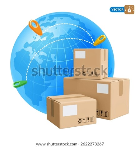 3D cardboard boxes, parcels, and globe with location pins. International delivery or Worldwide shipping concept. Pile of stacked and sealed cargo delivery boxes. 3d realistic vector icon illustration