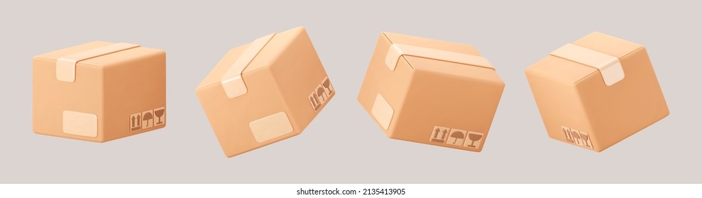 3D cardboard closed box icon set with symbols isolated on gray background. Render delivery cargo box with fragile care sign symbol, handling with care, protection from water rain. 3d realistic vector - Shutterstock ID 2135413905