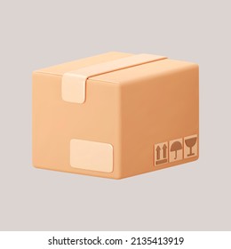 3D cardboard closed box icon with symbols isolated on gray background. Render delivery cargo box with fragile care sign symbol, handling with care, protection from water rain. 3d realistic vector