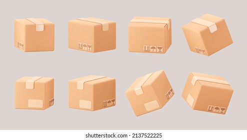 3D cardboard closed box icon set with symbols isolated on gray background. Render delivery cargo box with fragile care sign symbol, handling with care, protection from water rain. 3d realistic vector