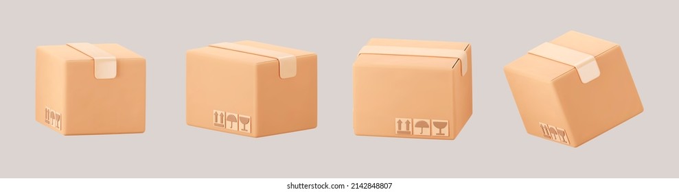 3D cardboard closed box icon set with symbols isolated on gray background. Render delivery cargo box with fragile care sign symbol, handling with care, protection from water rain. 3d realistic vector