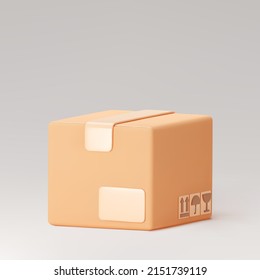 3d cardboard closed box icon standing front view isolated on gray background. Render delivery cargo box with fragile care sign symbol, handling with care, protection from water. 3d realistic vector