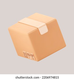 3D cardboard closed box icon with symbols isolated on gray background. Render delivery cargo box with fragile care sign symbol, handling with care, protection from water rain. 3d realistic vector