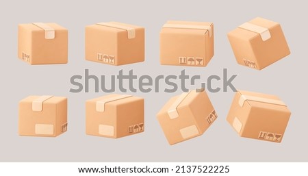 3D cardboard closed box icon set with symbols isolated on gray background. Render delivery cargo box with fragile care sign symbol, handling with care, protection from water rain. 3d realistic vector