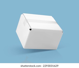 3D cardboard closed box isolated on blue background. Delivery cargo box. Cardboard box or delivery package. Vector 3d illustration