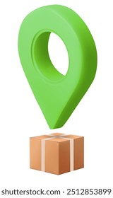 3D Cardboard delivery box with location pin. Logistics and distribution concept. Order or parcel tracking