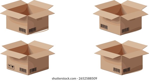 Conjunto de iconos de colección de caja abierta de cartón 3D. Caja de carga de entrega flotante con código de barras