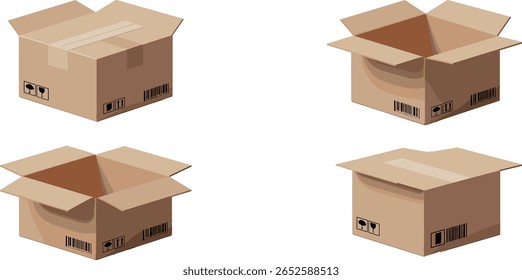 3D Cardboard open box collection icon set. Floating delivery cargo box with barcode